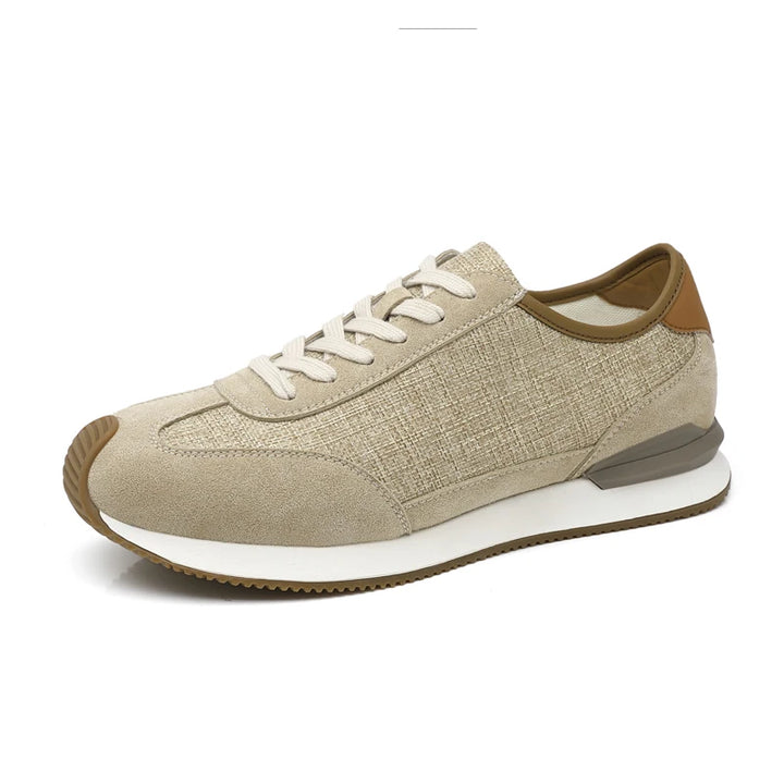 Khaki textured sneaker with tan heel trim, side profile