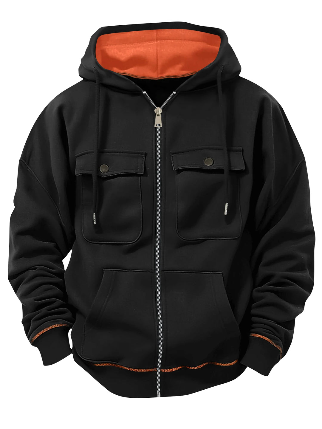 Black zip-up hoodie with flap pockets, front view