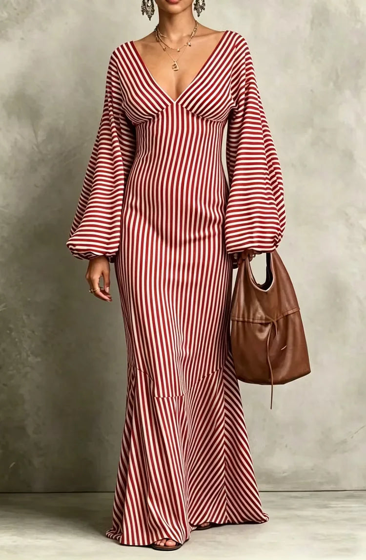 Red striped maxi dress close front view with mermaid hem
