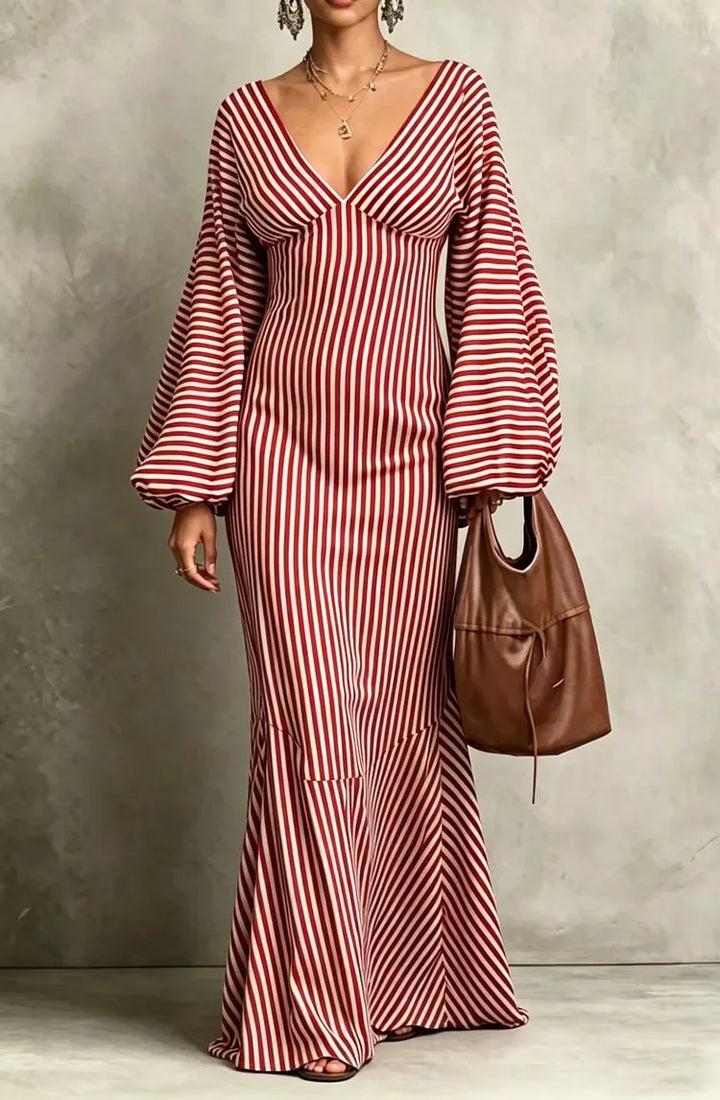 Red striped maxi dress close front view with mermaid hem