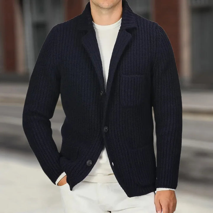 Navy knit cardigan styled with white t-shirt and trousers