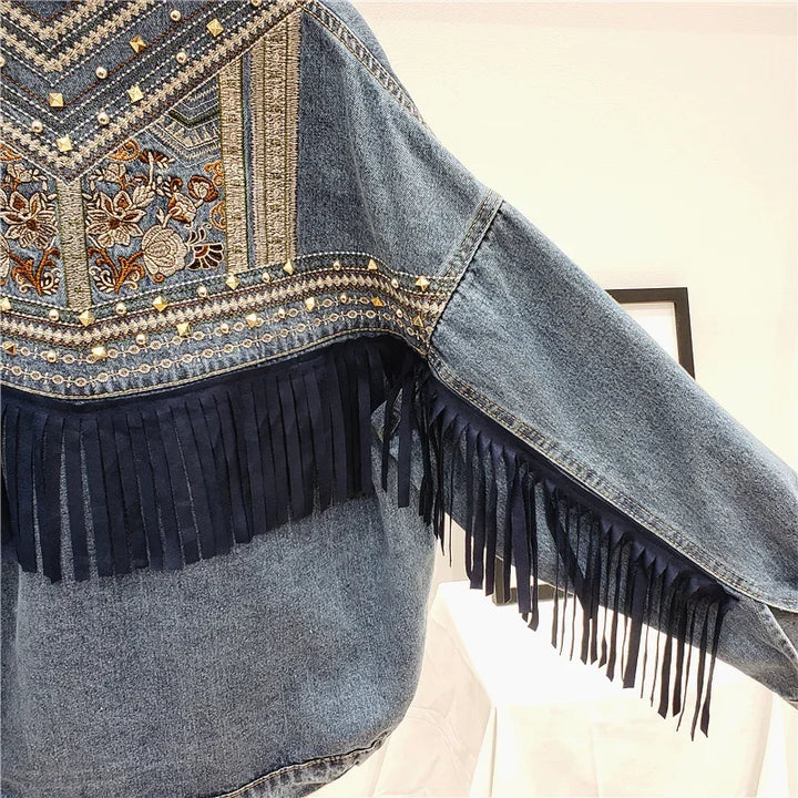 Side view of navy suede fringe trim on denim jacket