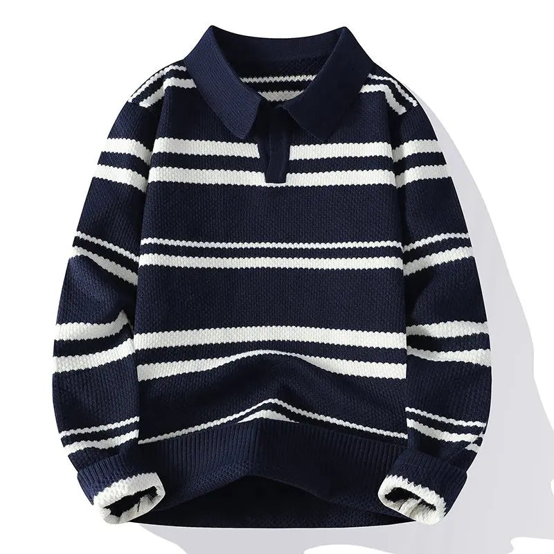 Navy blue striped knit polo sweater front view