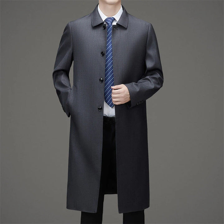 Gray trench coat unbuttoned showing button front closure