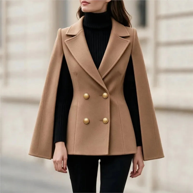 Camel cape sleeve double breasted blazer coat, front view