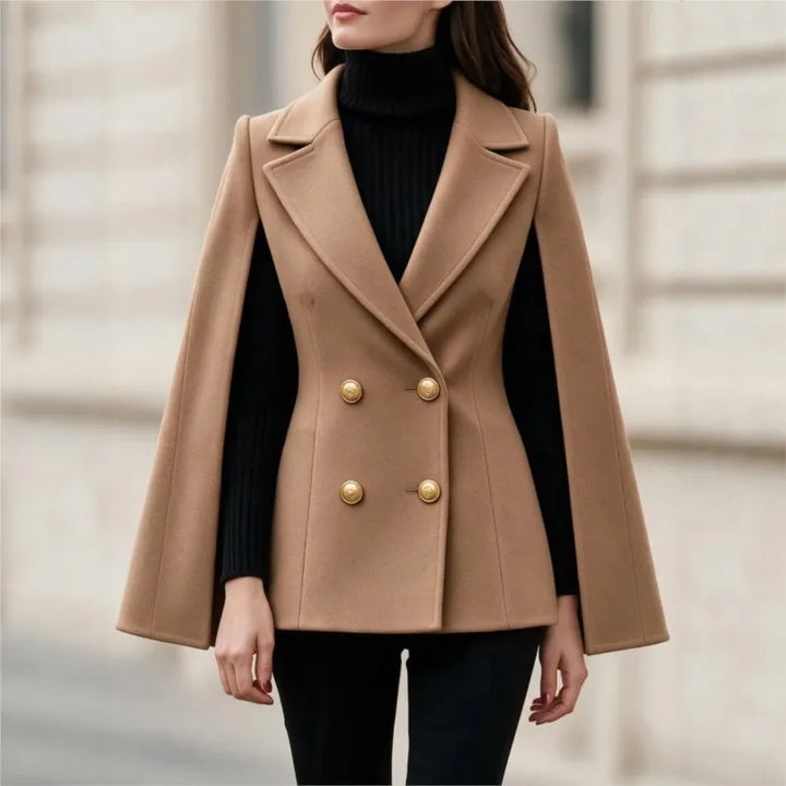 Camel cape sleeve double breasted blazer coat, front view