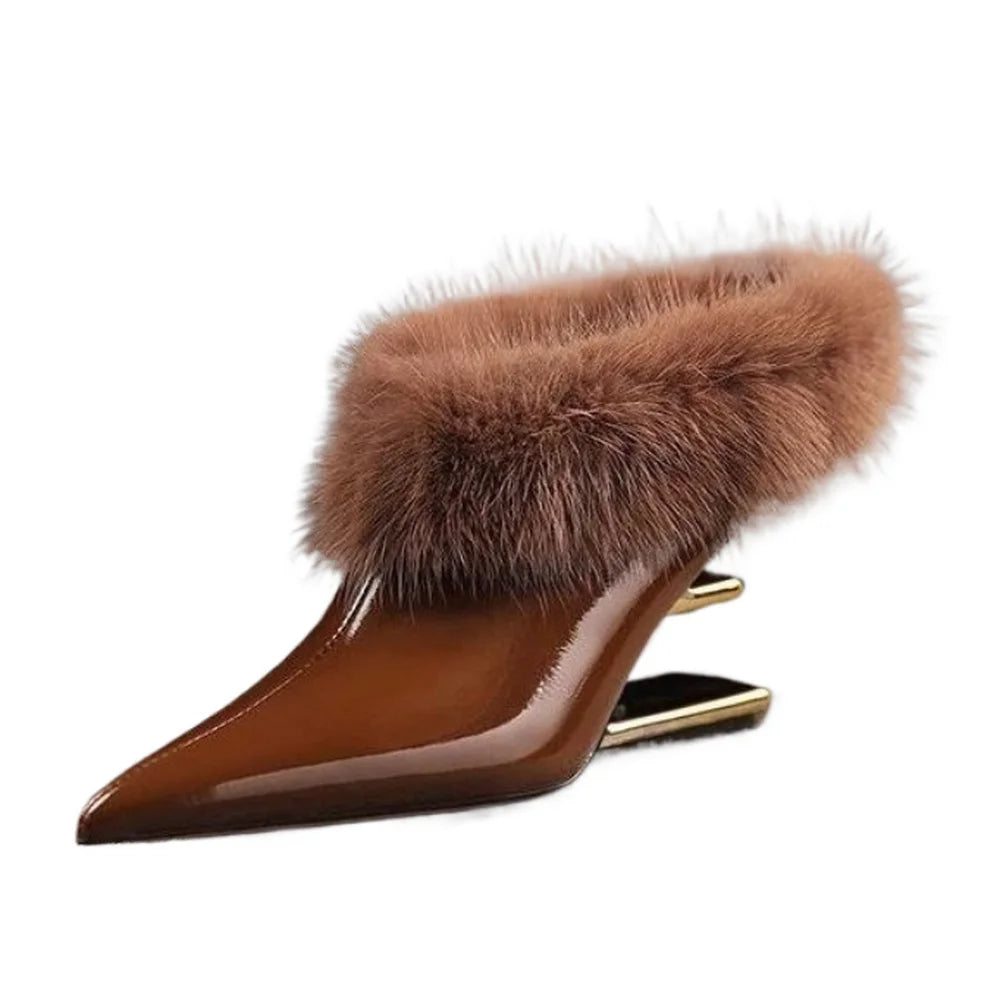 Brown patent mule with faux fur collar on white background