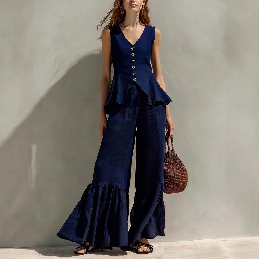 Andrea Ruffle Trim Wide Leg Pants Set