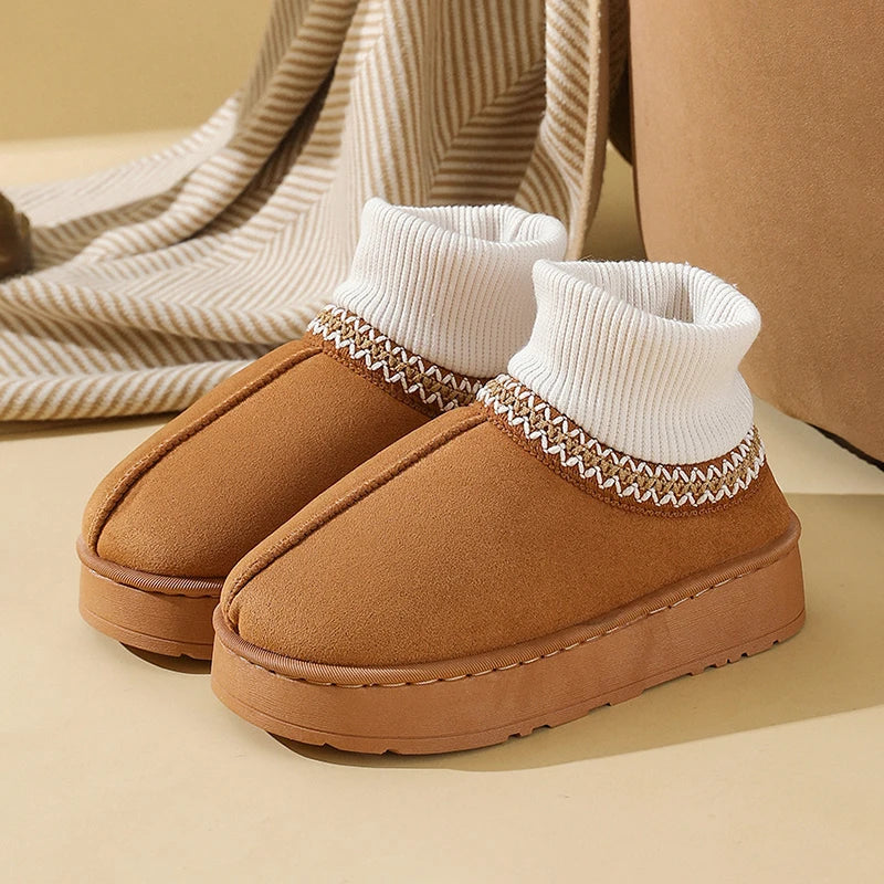 Brown plush ankle boots with ribbed knit collar, side view
