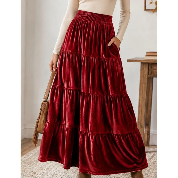 Red velvet tiered maxi skirt, front view