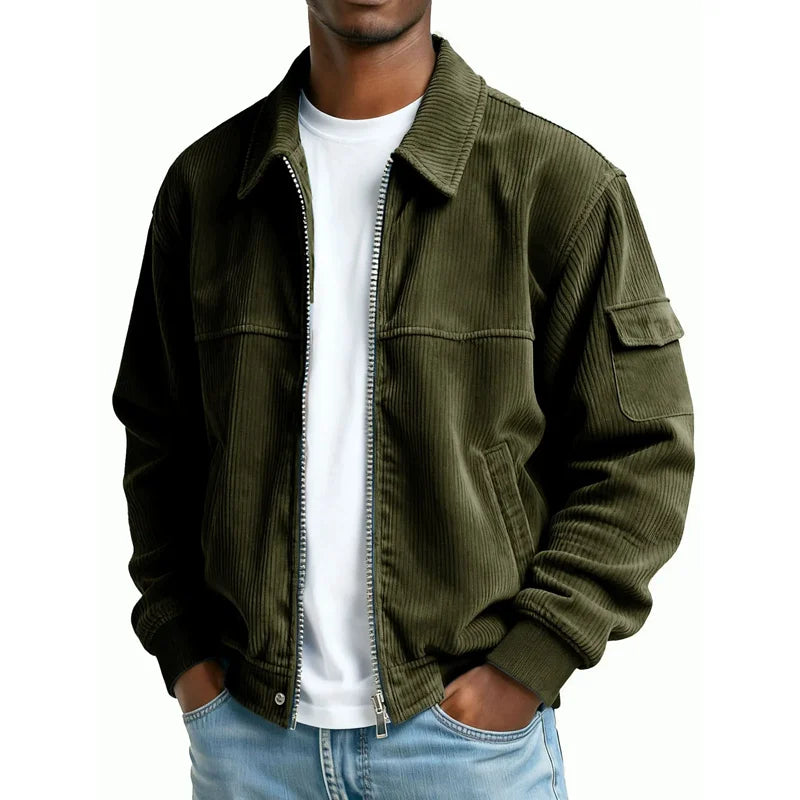Man wearing army green corduroy zip jacket with flap pocket