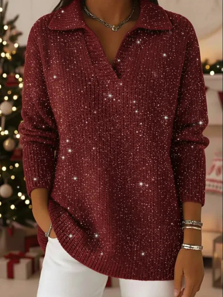 Woman wearing burgundy red sequined ribbed knit pullover sweater with collar