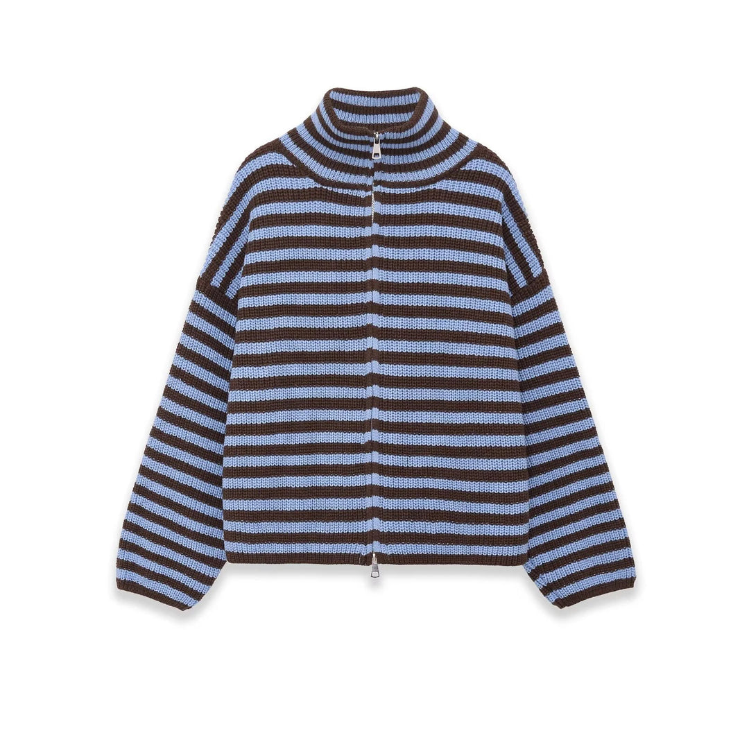 Blue and brown striped knit zip-front cardigan