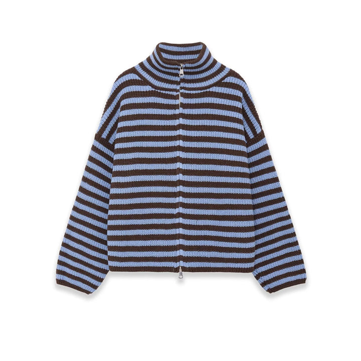 Blue and brown striped knit zip-front cardigan