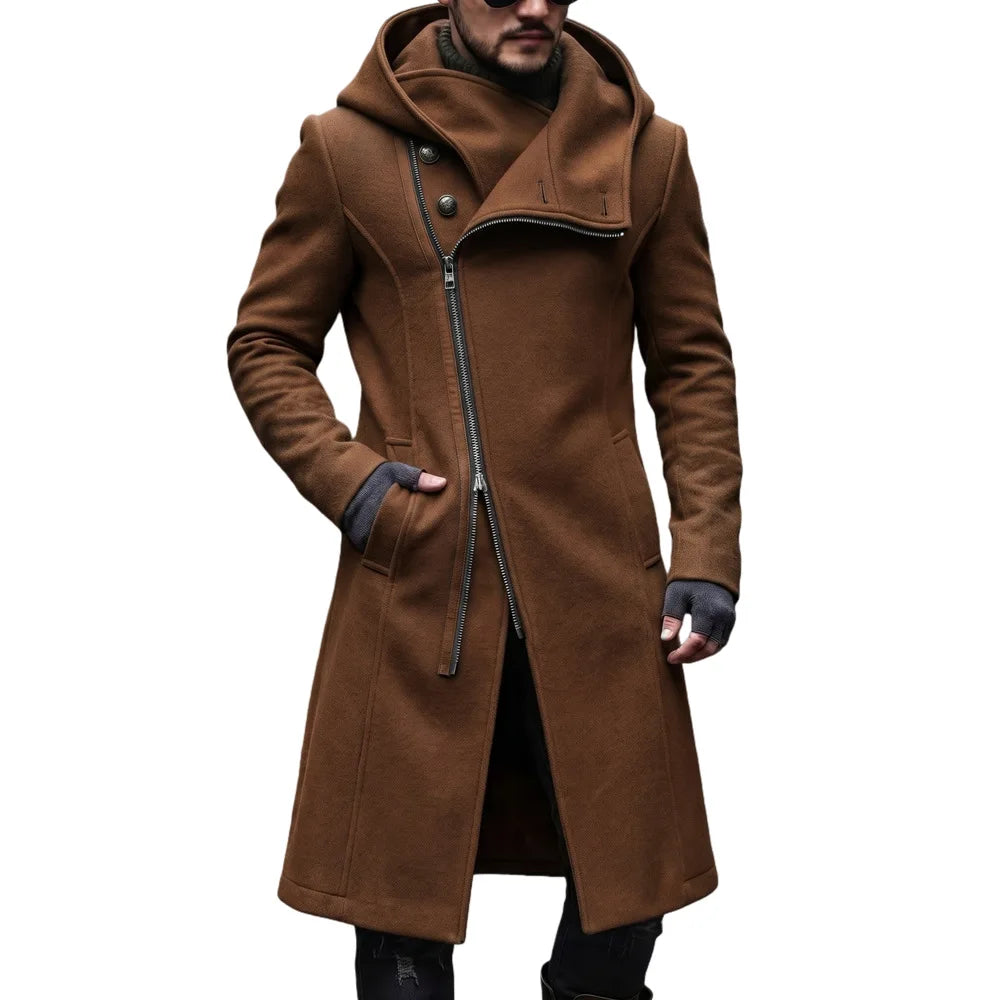 Man wearing camel hooded trench coat with asymmetric zip front, open view