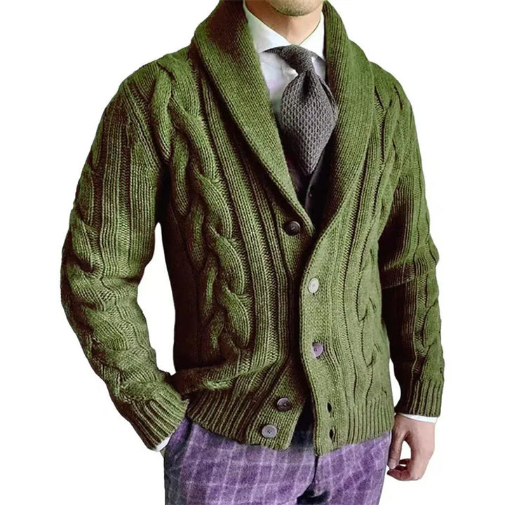 Army green cable knit shawl collar cardigan on model