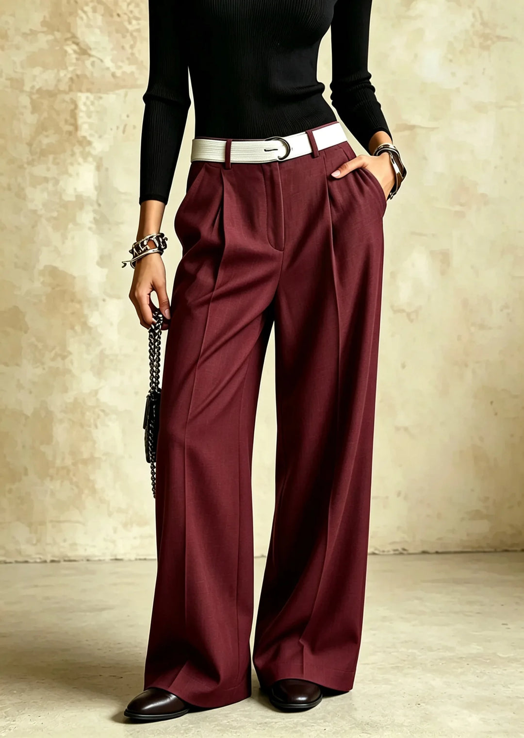 Burgundy wide leg pleated trousers with white belt