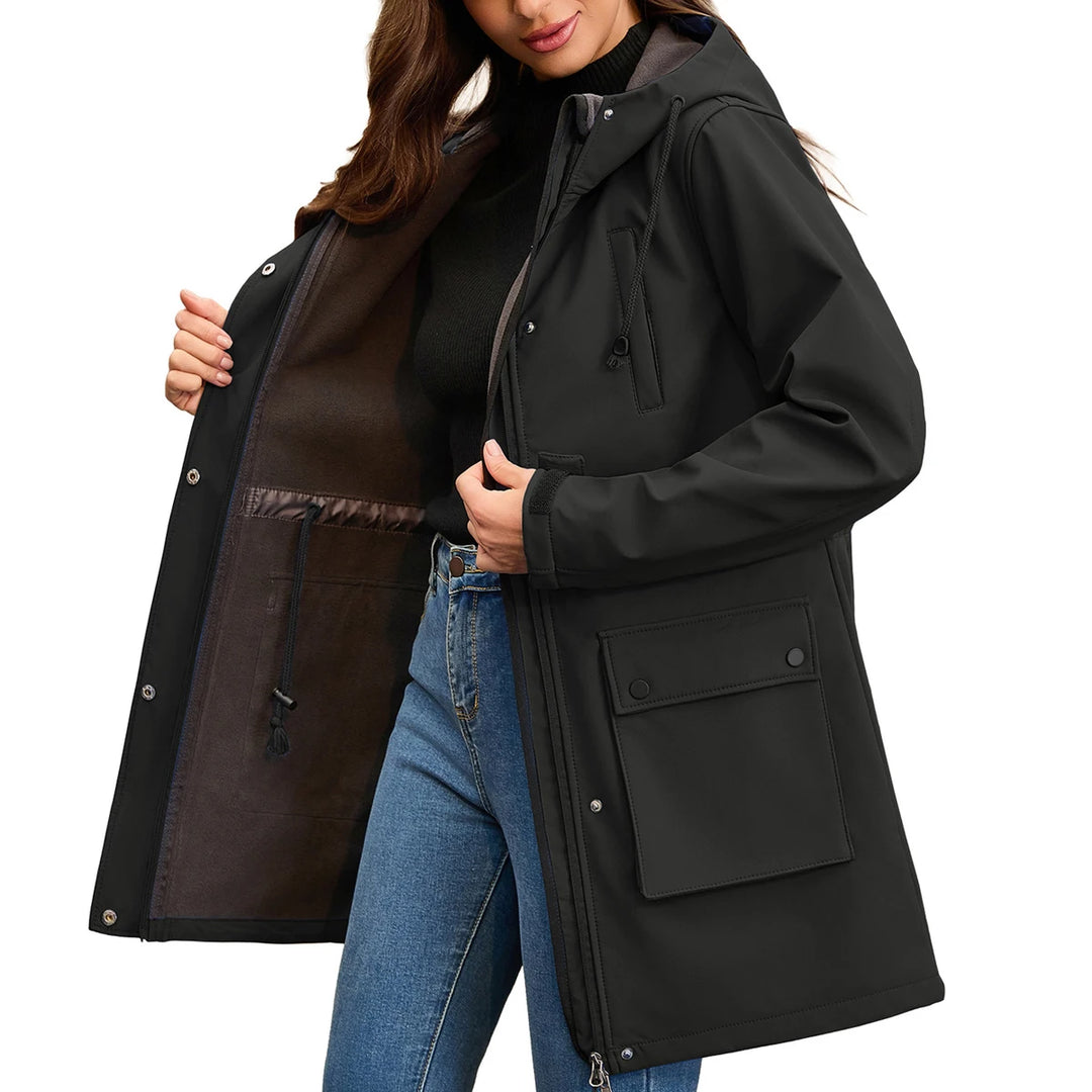 Black rain jacket open showing fleece lining and pocket