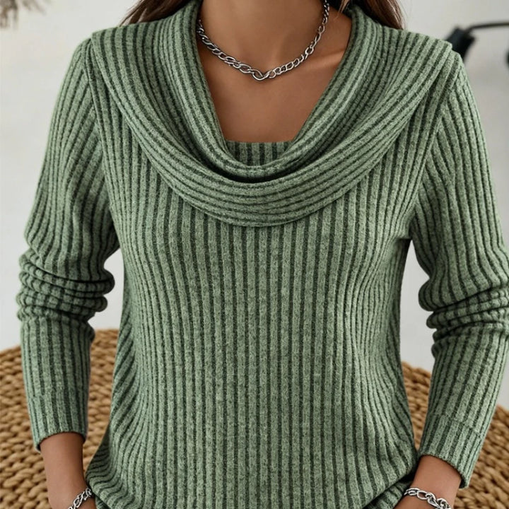 Green ribbed knit top with cowl neckline, close view