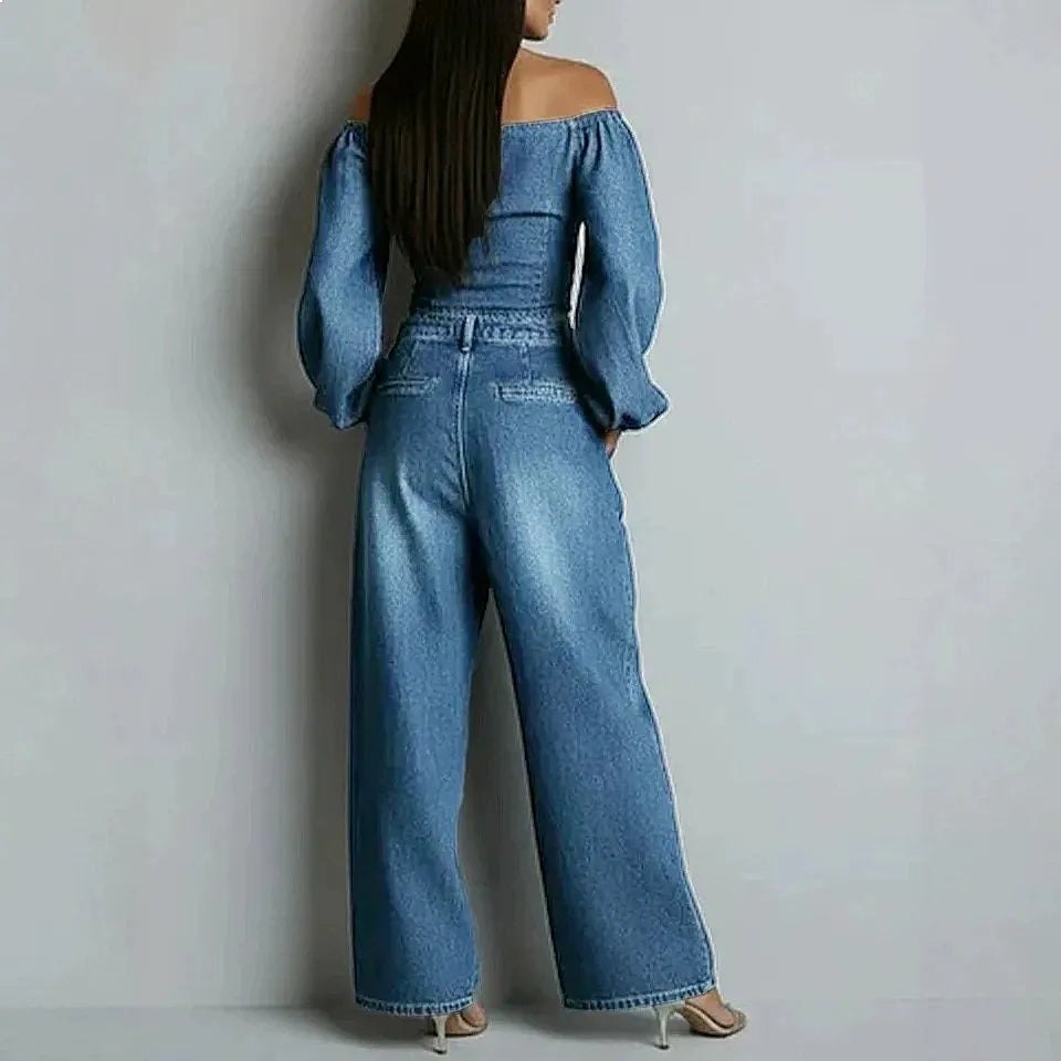 Back view of dark blue denim off-shoulder crop top and wide leg pants set