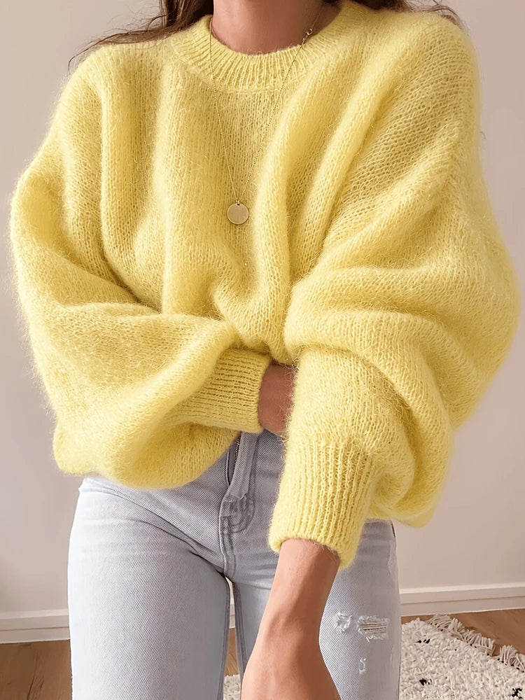 Yellow fuzzy oversized pullover sweater, front view
