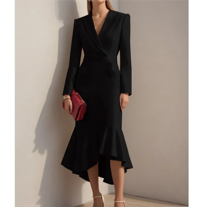Black notched lapel mermaid dress front view