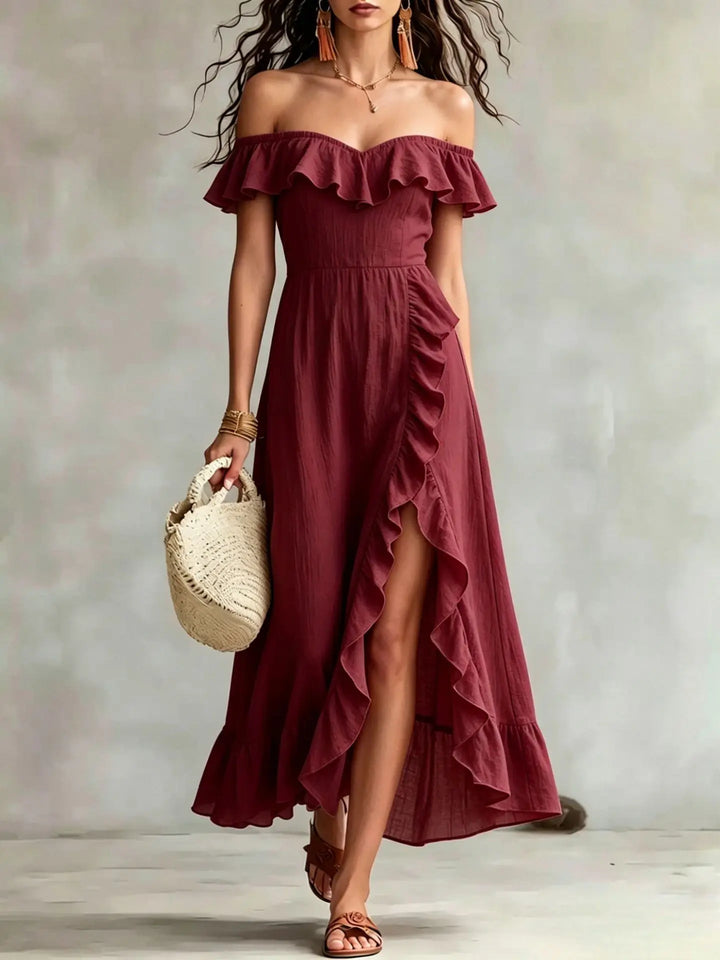 Isabella Off Shoulder Split Hem Maxi Dress