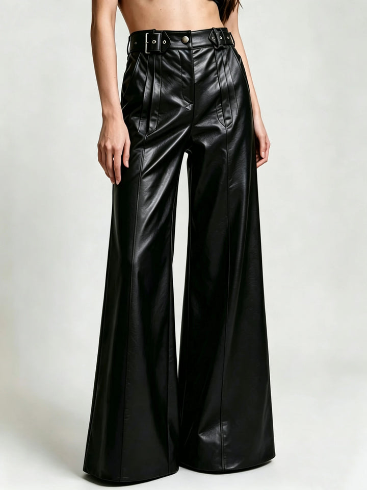 Black faux leather wide leg pants with double buckle belt, front view