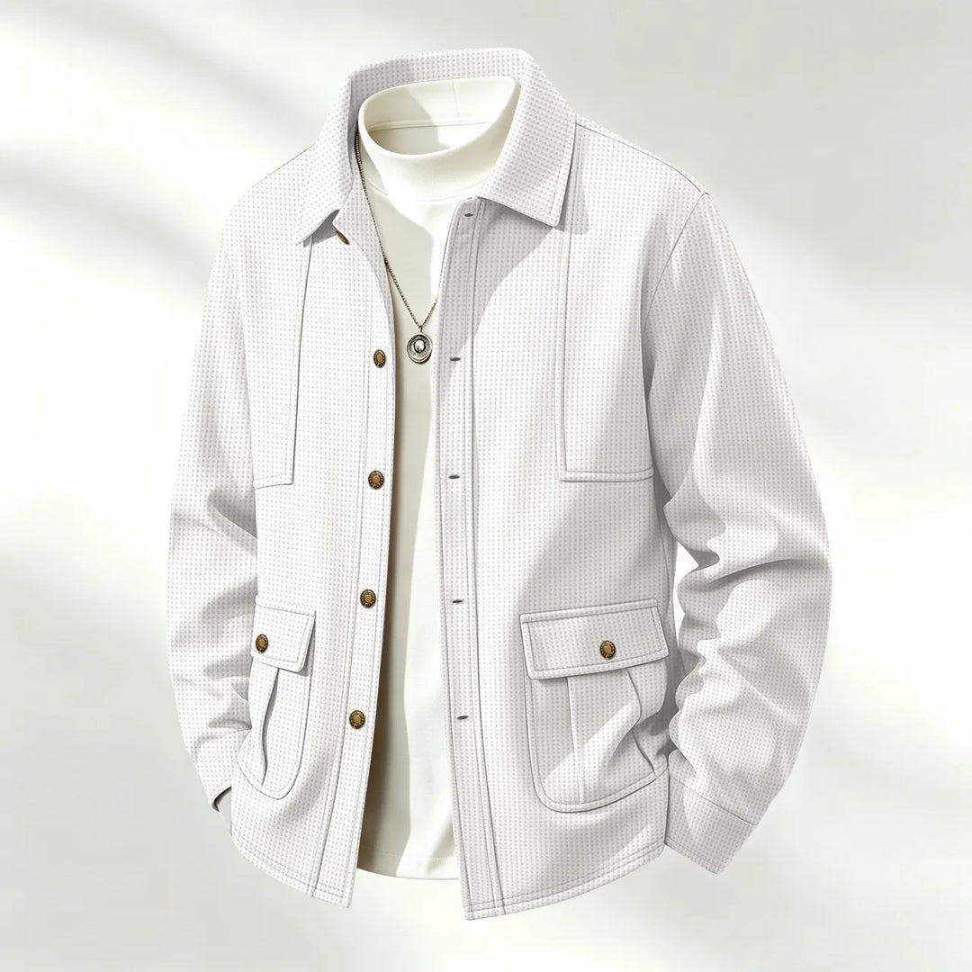 White waffle knit shirt jacket with turn-down collar
