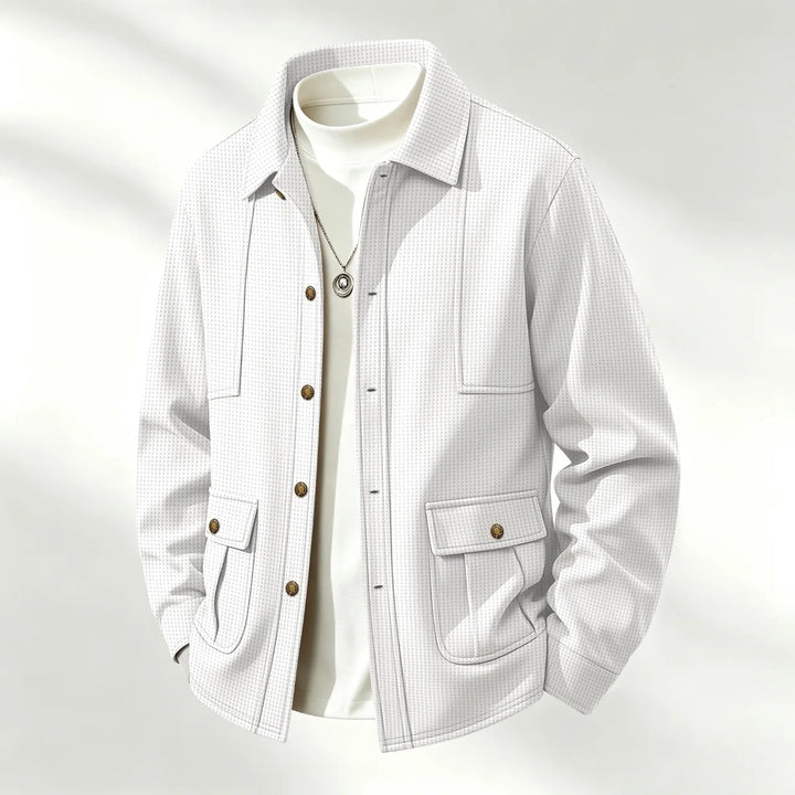 White waffle knit shirt jacket with turn-down collar