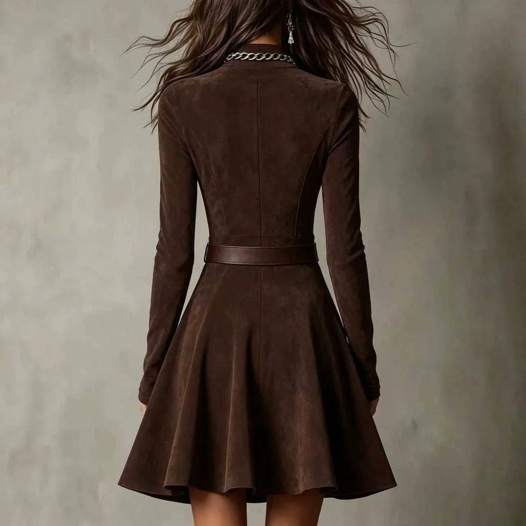 Coffee brown suede-look mini dress with belted waist, back view