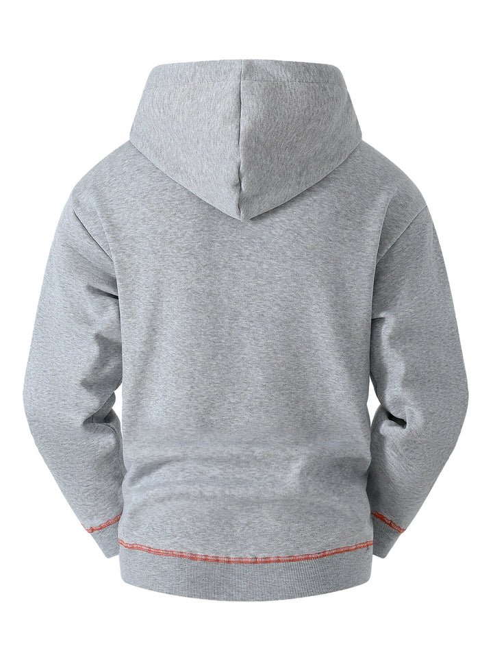 Gray zip-up hoodie, back view