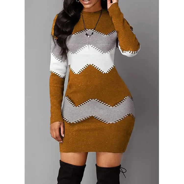 Brown chevron striped sweater dress, front view close up