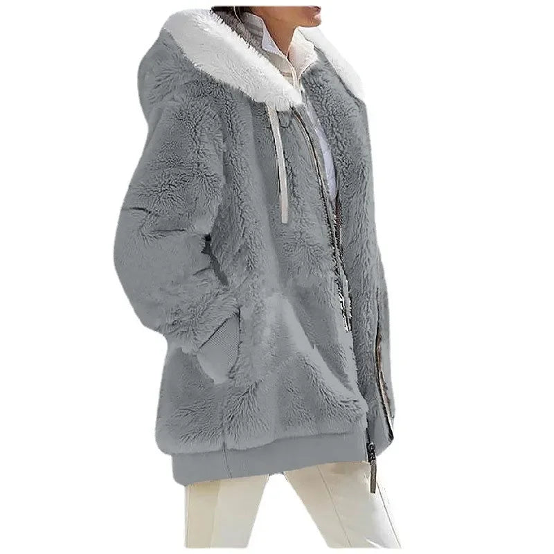 Grey plush fleece hooded jacket with white contrast collar, side view