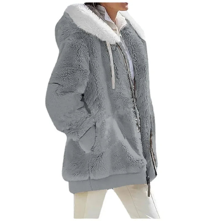 Grey plush fleece hooded jacket with white contrast collar, side view