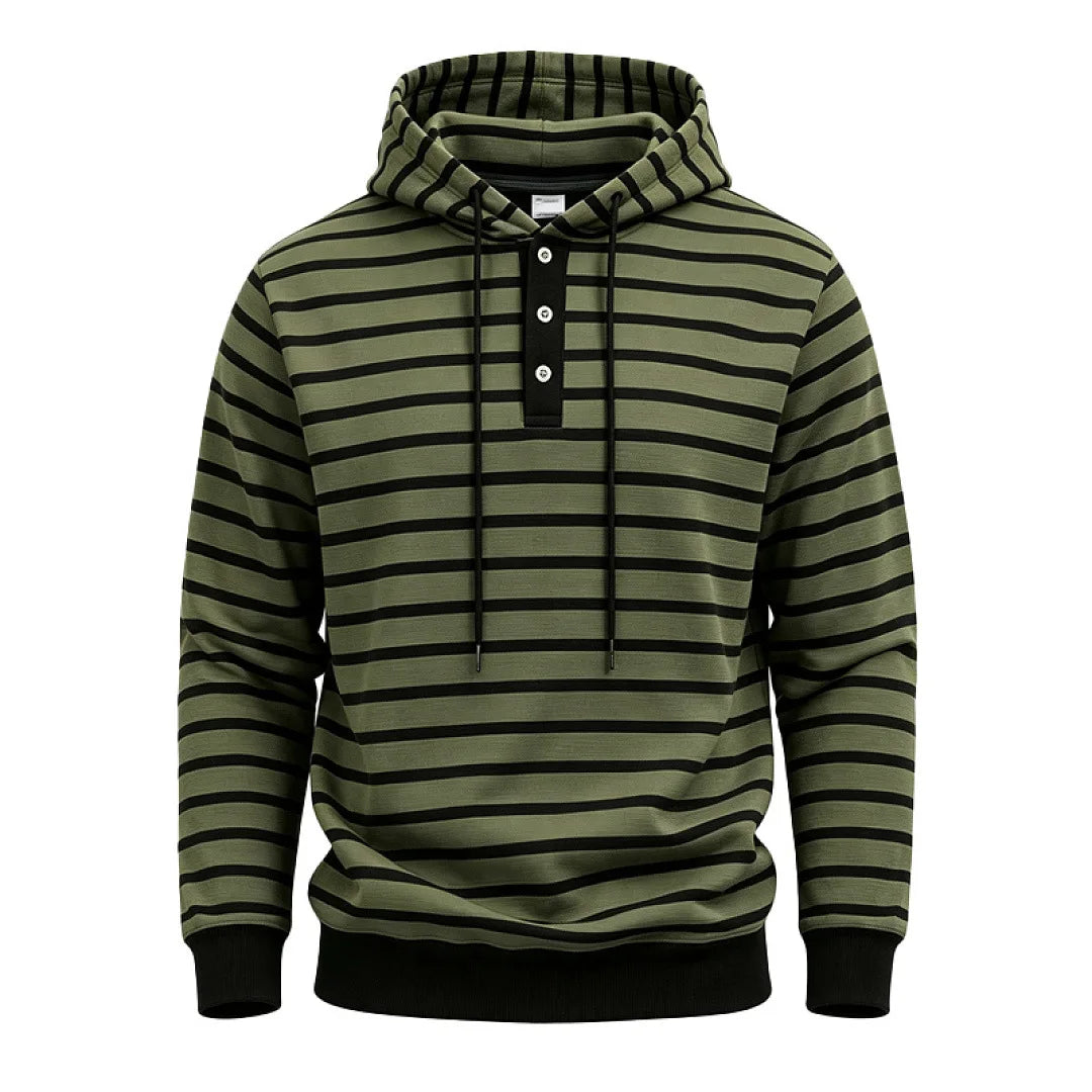 Men's military green striped pullover hoodie, front view