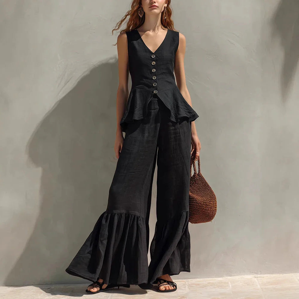 Andrea Ruffle Trim Wide Leg Pants Set