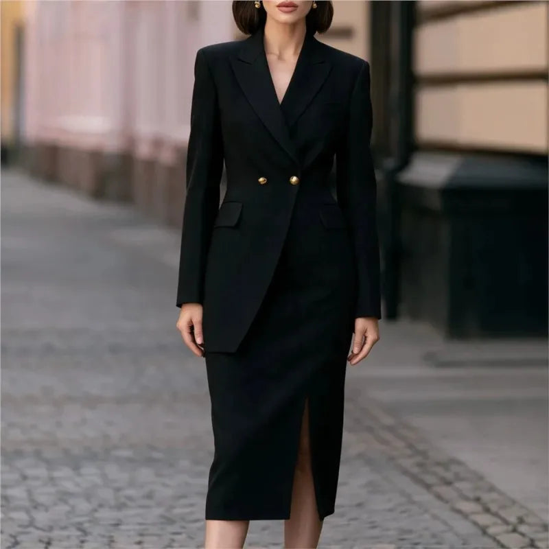 Black double-breasted blazer dress, front view