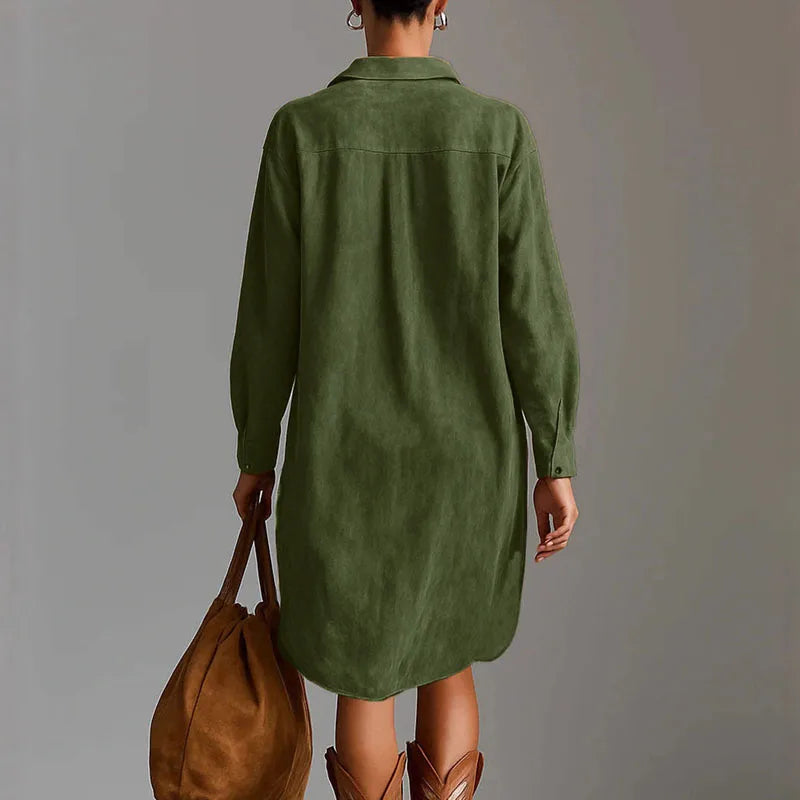 Dark green shirt dress back view with lapel collar