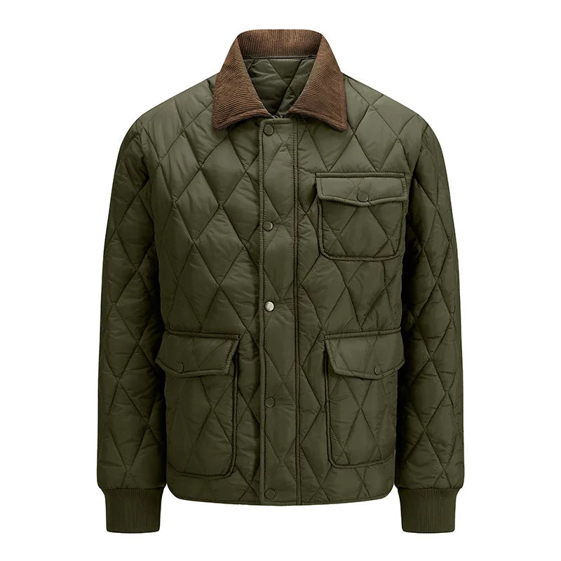 Green quilted jacket with corduroy collar, flat front view