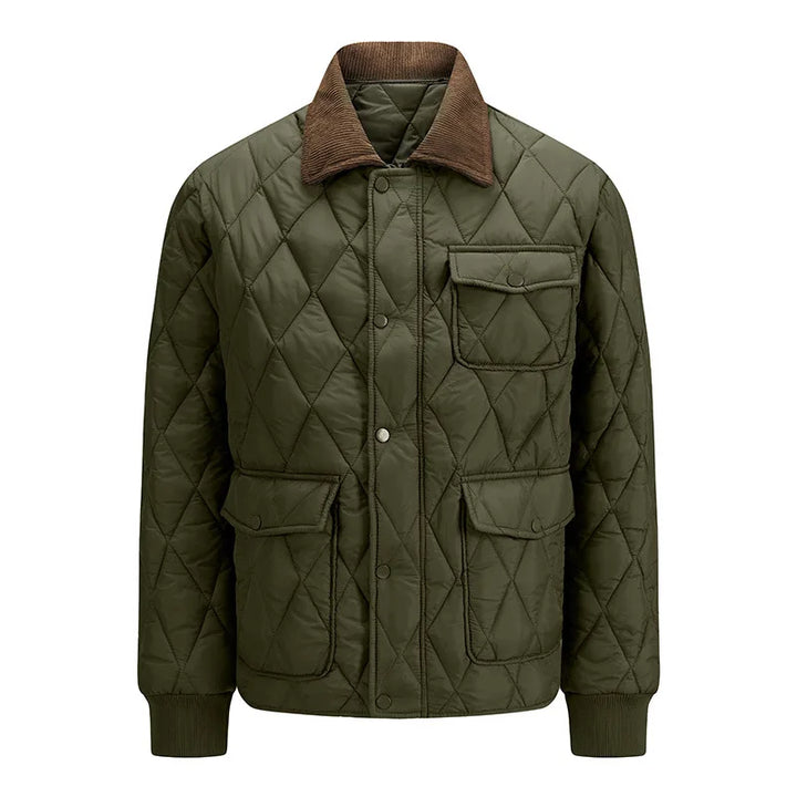 Green quilted jacket with corduroy collar, flat front view
