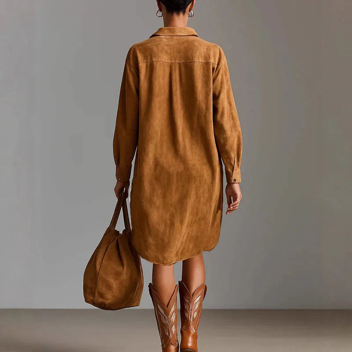 Rust orange shirt dress back view with lapel collar