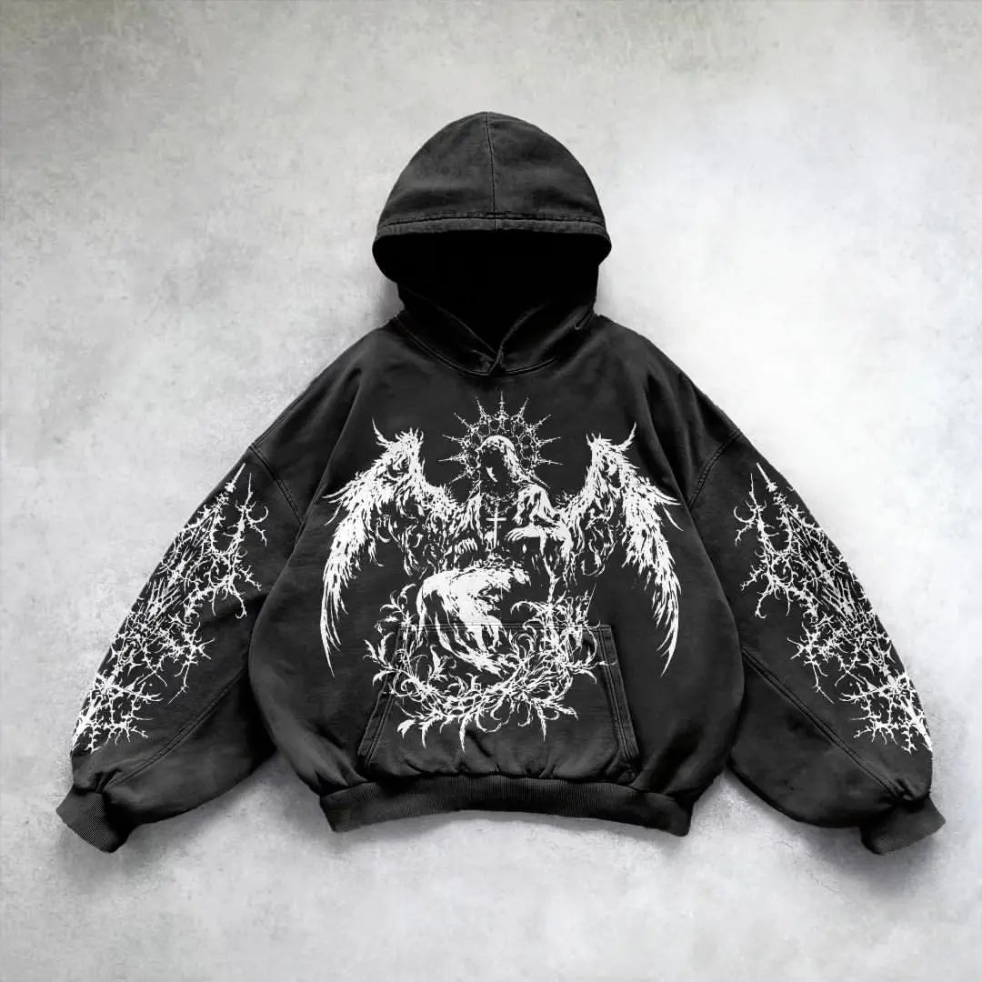 Black hoodie with angel wing gothic front graphic