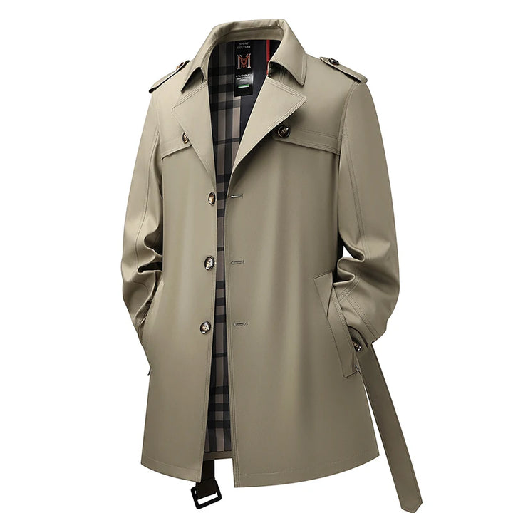 Khaki single breasted trench coat with plaid lining and tie belt