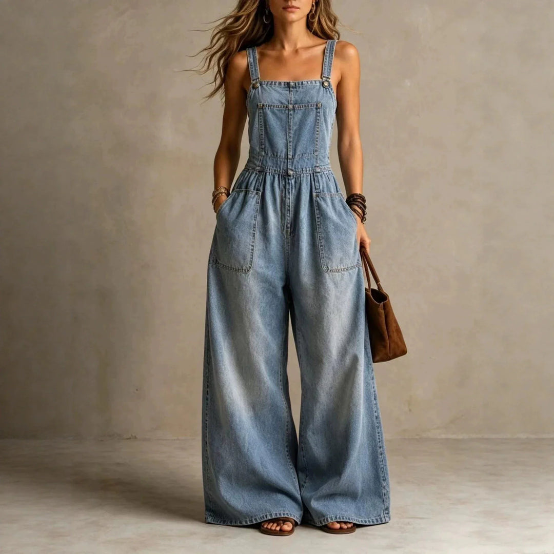 Eliana Wide Leg Denim Overall Jumpsuit