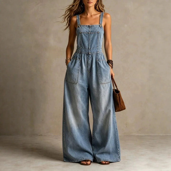 Eliana Wide Leg Denim Overall Jumpsuit