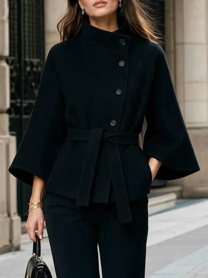Black cape coat with flare sleeves and stand collar