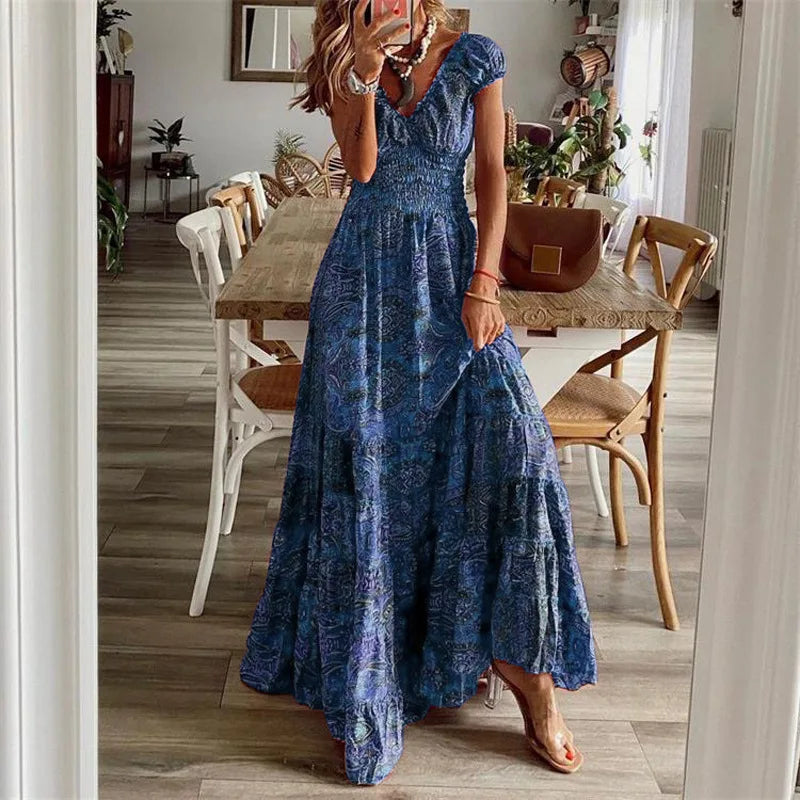 Colette  Bohemian Printed Petal Sleeve Maxi Dress
