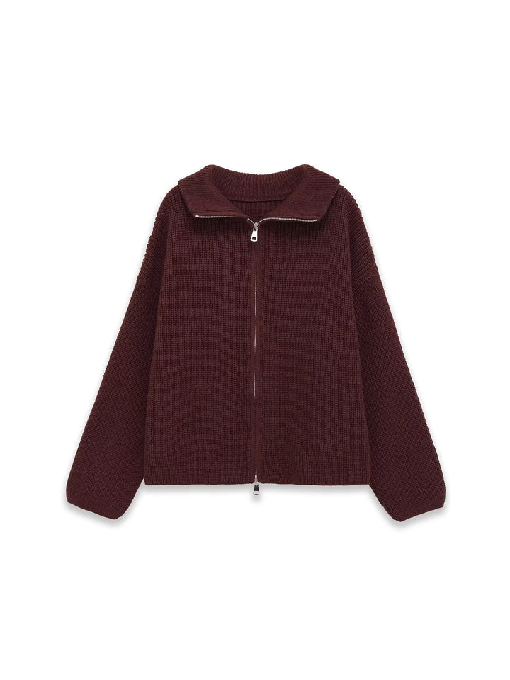 Burgundy ribbed knit zip-front cardigan with folded collar