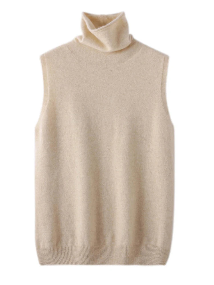 Beige sleeveless turtleneck sweater vest, front view